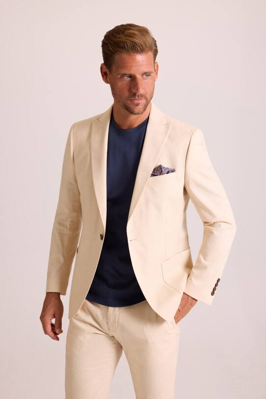 Erkek Bej Takım Elbise Keten Slim Fit Sivri Yaka