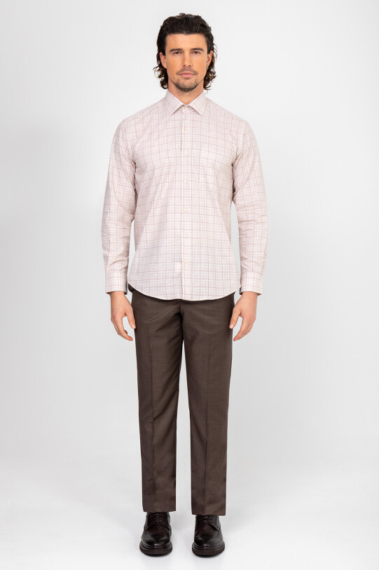 Erkek Bej Uzun Kol Kareli Regular Fit Gömlek