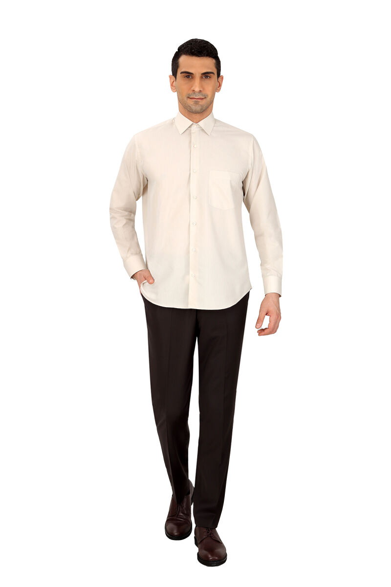 Erkek Bej Uzun Kol Klasik Pamuklu Gömlek - 1