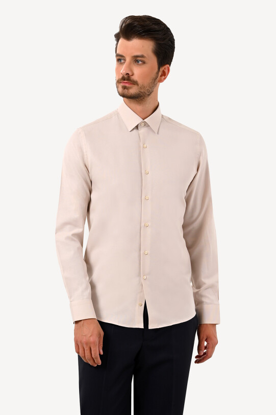 Erkek Bej Uzun Kol Slim Fit Gömlek