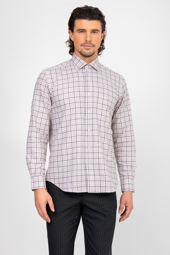 Erkek Bej Uzun Kol Spor Kareli Gömlek