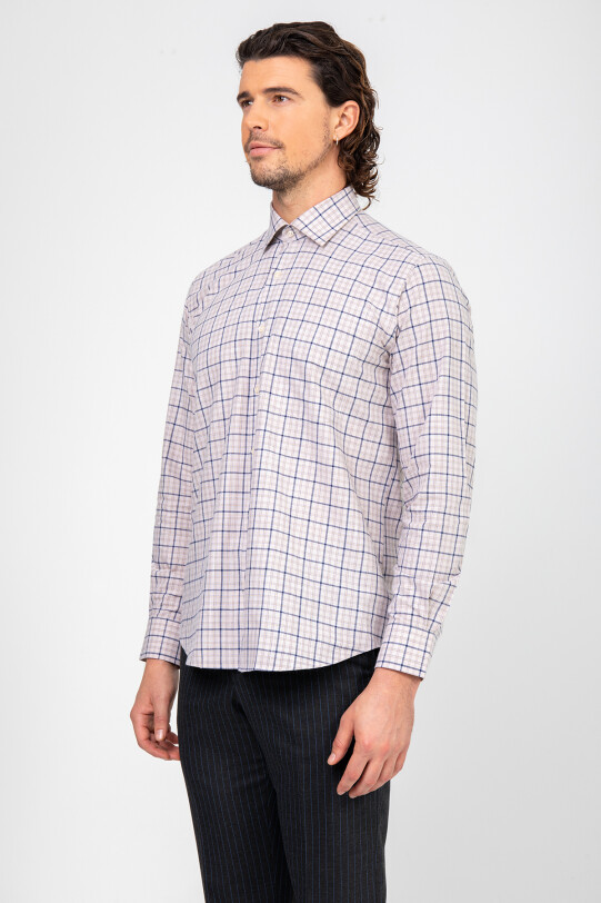 Erkek Bej Uzun Kol Spor Kareli Gömlek