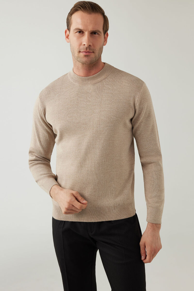 Erkek Bej Yarım Balıkçı Yaka Yünlü Triko - 1