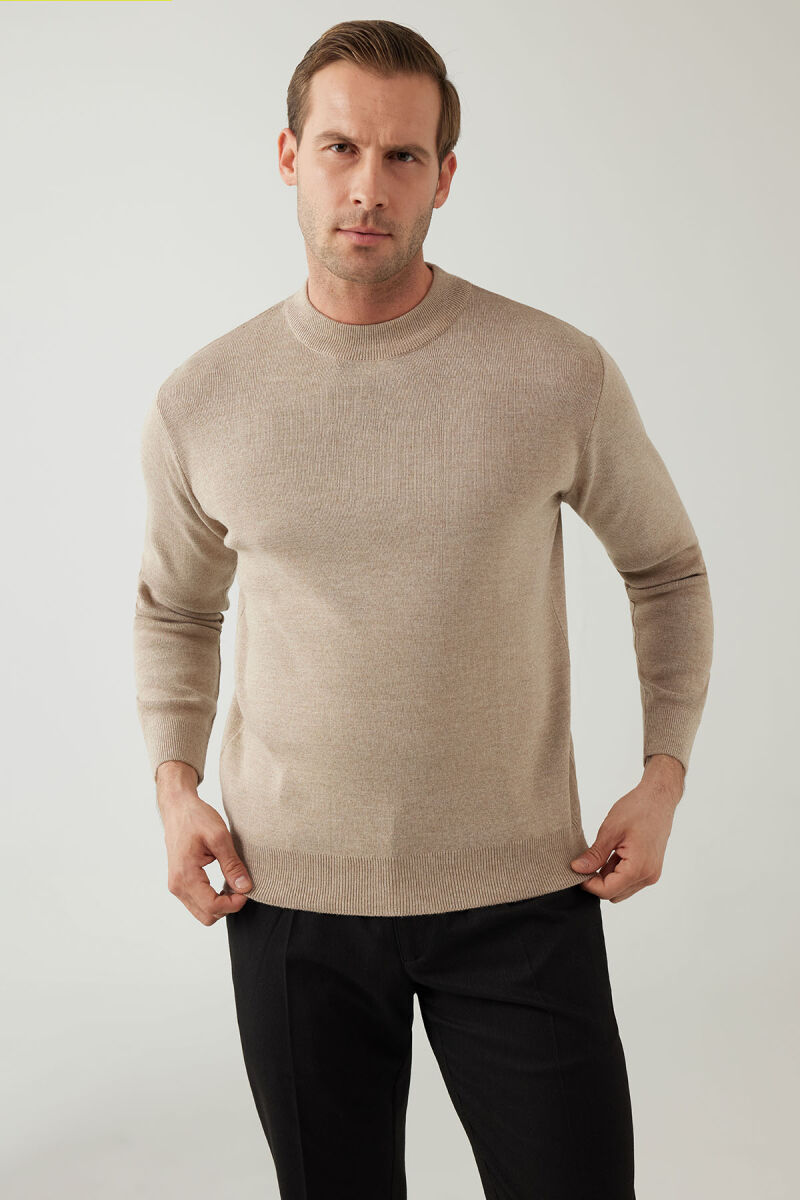 Erkek Bej Yarım Balıkçı Yaka Yünlü Triko - 5