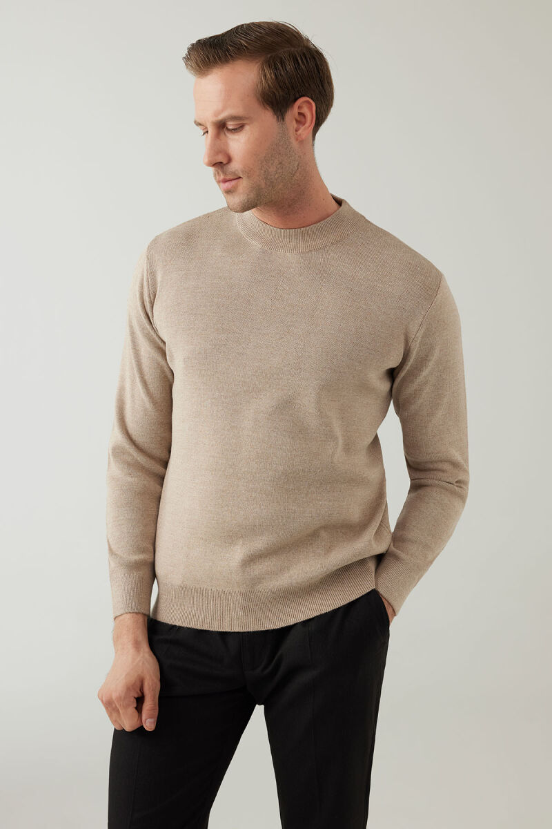 Erkek Bej Yarım Balıkçı Yaka Yünlü Triko - 6