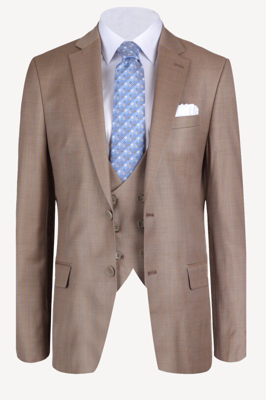 Erkek Bej Yelekli Ekose Regular Fit Takım Elbise - YSF (1)