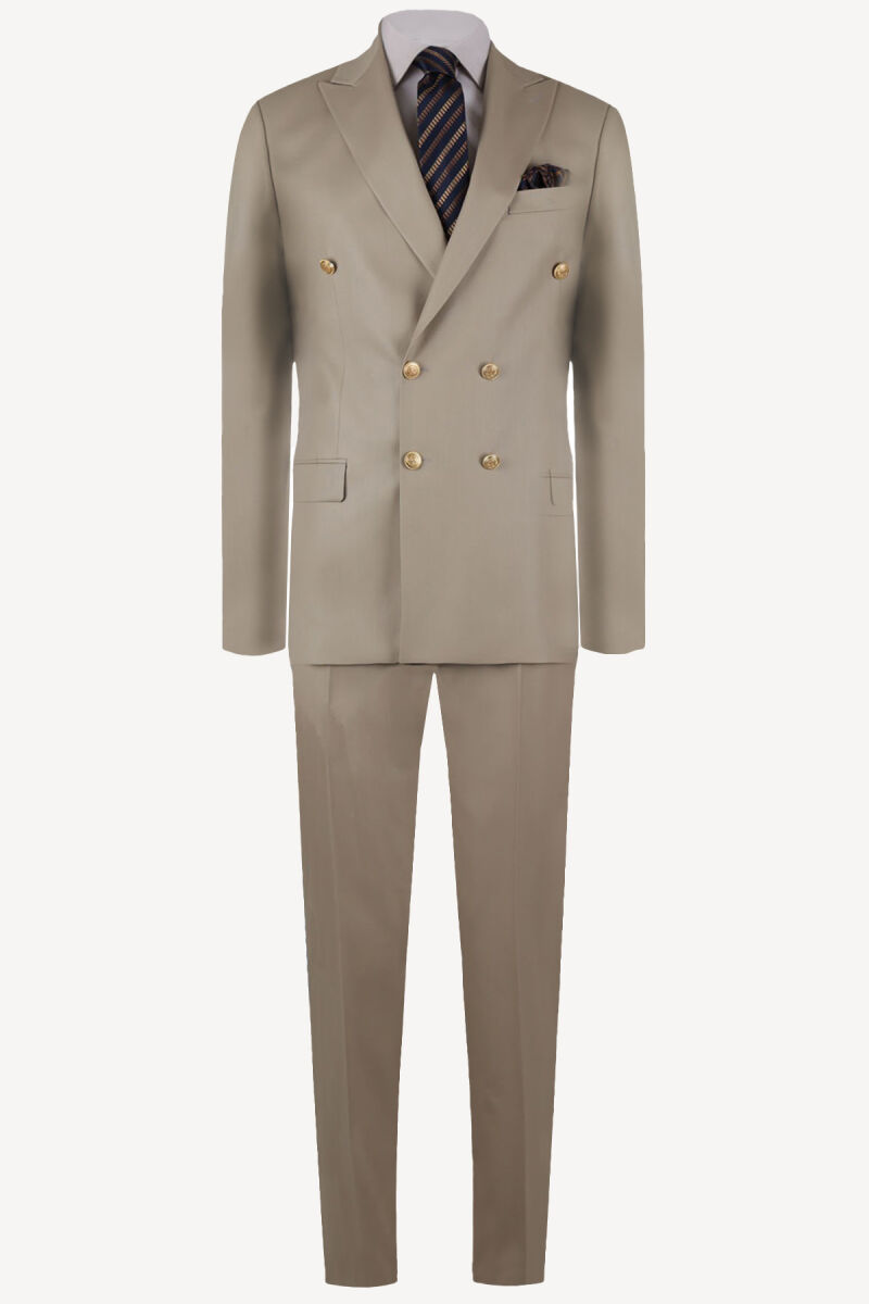 Erkek Bej Yünlü Regular Fit Kruvaze Takım Elbise - 1
