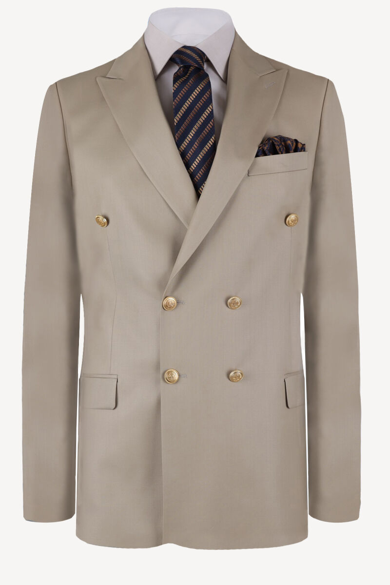 Erkek Bej Yünlü Regular Fit Kruvaze Takım Elbise - 2