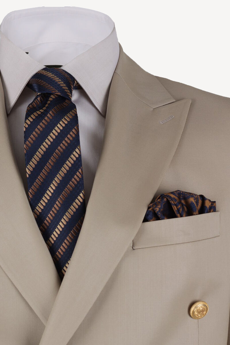 Erkek Bej Yünlü Regular Fit Kruvaze Takım Elbise - 3