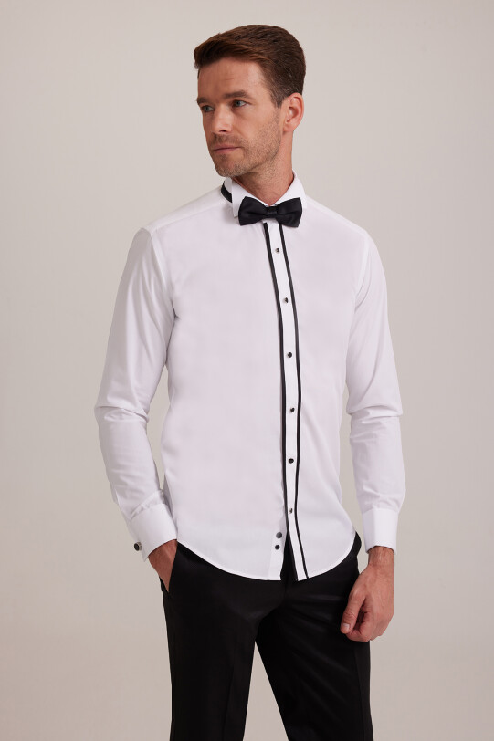 Erkek Beyaz Ata Yaka Slim Fit Biyeli Gömlek