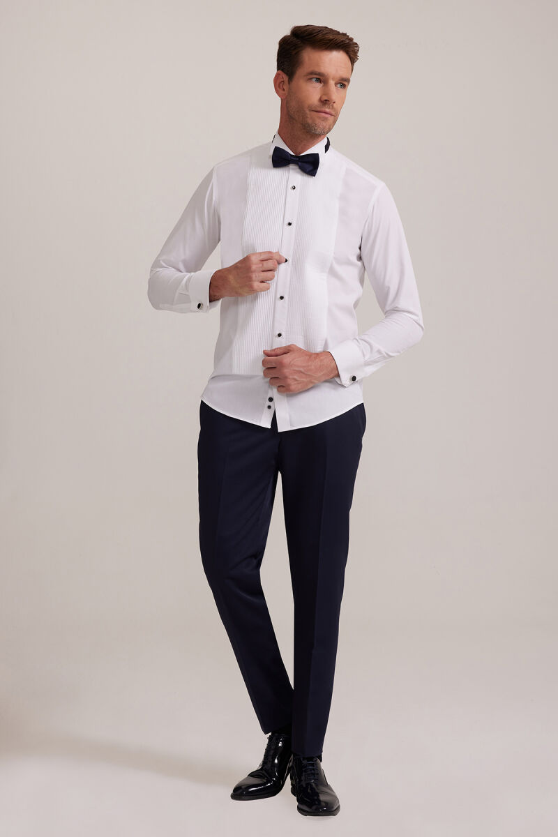 Erkek Beyaz Ata Yaka Slim Fit Piliseli Gömlek - 4