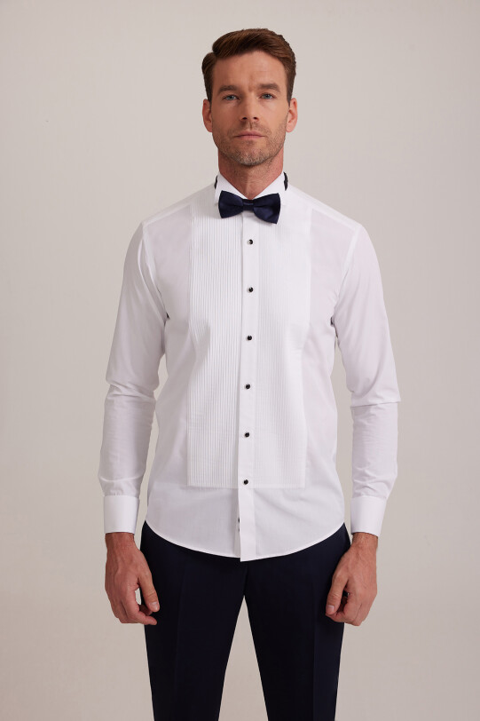 Erkek Beyaz Ata Yaka Slim Fit Piliseli Gömlek