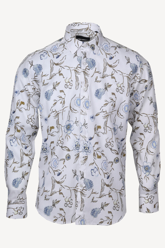 Erkek Beyaz Çiçek Desenli Slim Fit Gömlek