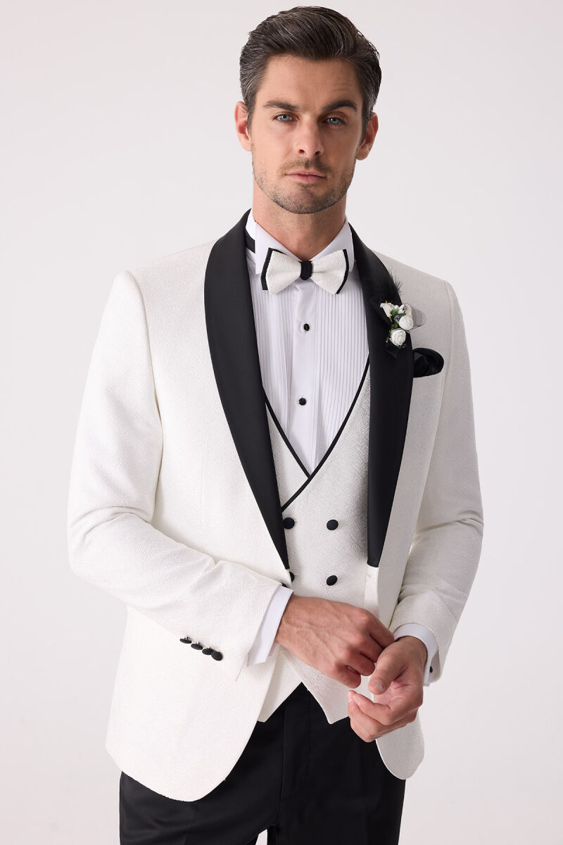 Erkek Beyaz Damatlık Slim Fit Kırlangıç Yaka Desenli - 1