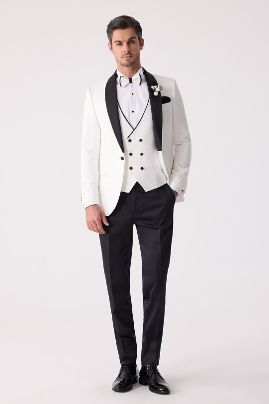 Erkek Beyaz Damatlık Slim Fit Kırlangıç Yaka Desenli