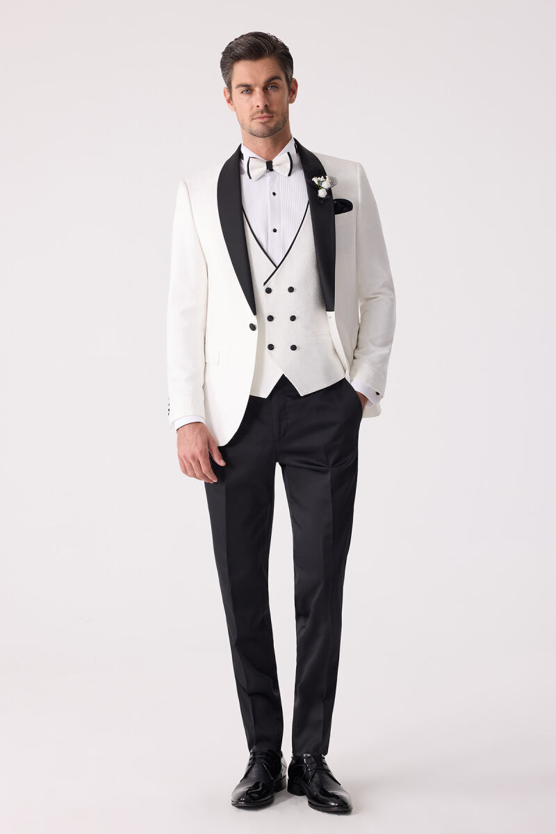 Erkek Beyaz Damatlık Slim Fit Kırlangıç Yaka Desenli - 2