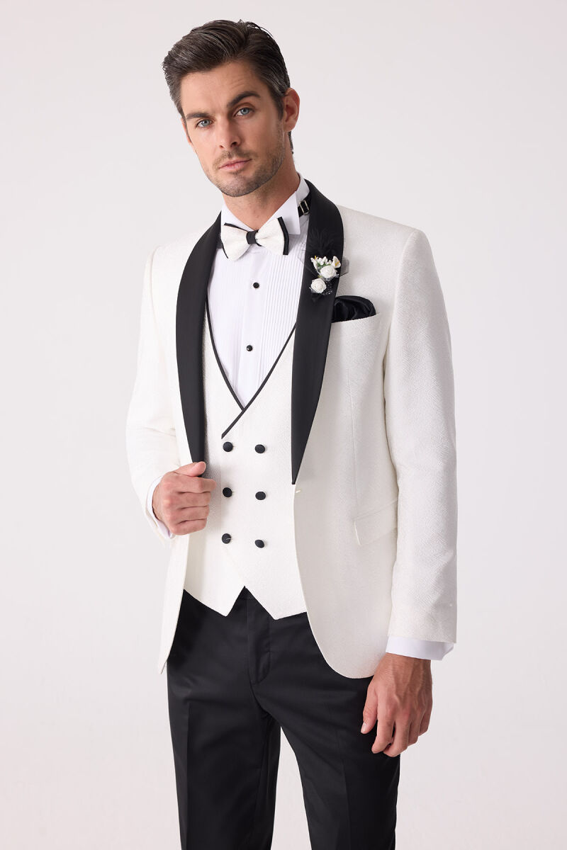 Erkek Beyaz Damatlık Slim Fit Kırlangıç Yaka Desenli - 3