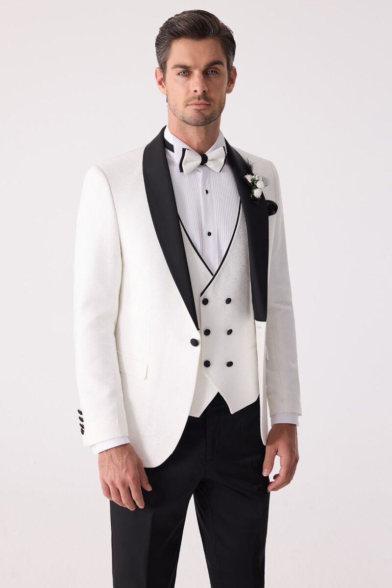 Erkek Beyaz Damatlık Slim Fit Kırlangıç Yaka Desenli - 4