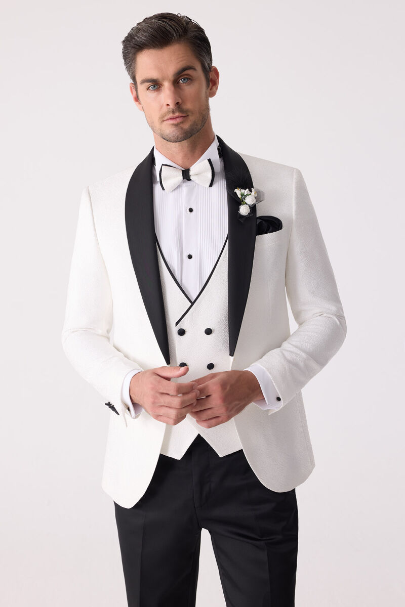 Erkek Beyaz Damatlık Slim Fit Kırlangıç Yaka Desenli - 5