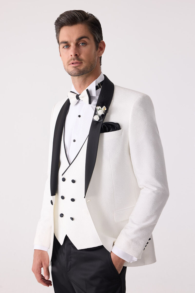 Erkek Beyaz Damatlık Slim Fit Kırlangıç Yaka Desenli - 6