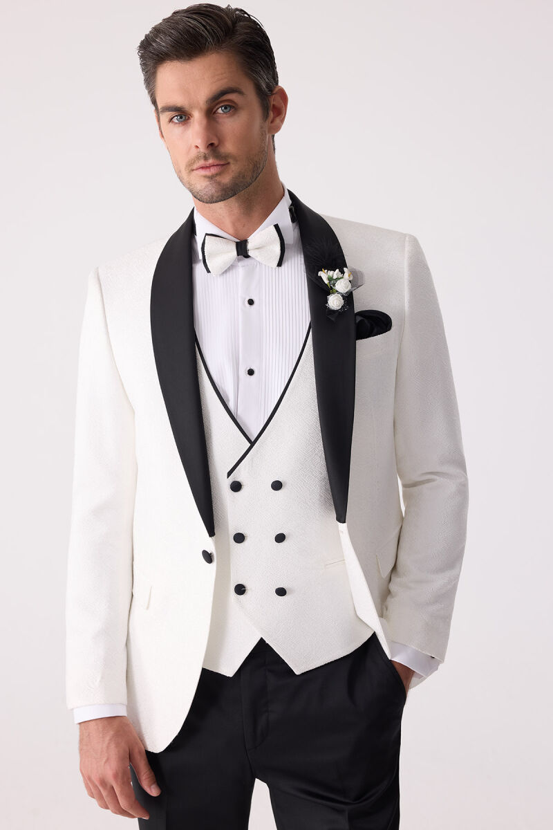 Erkek Beyaz Damatlık Slim Fit Kırlangıç Yaka Desenli - 7