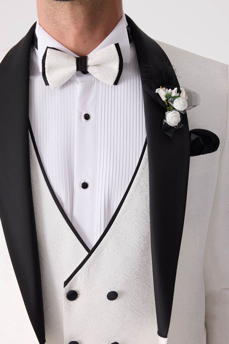Erkek Beyaz Damatlık Slim Fit Kırlangıç Yaka Desenli - 8