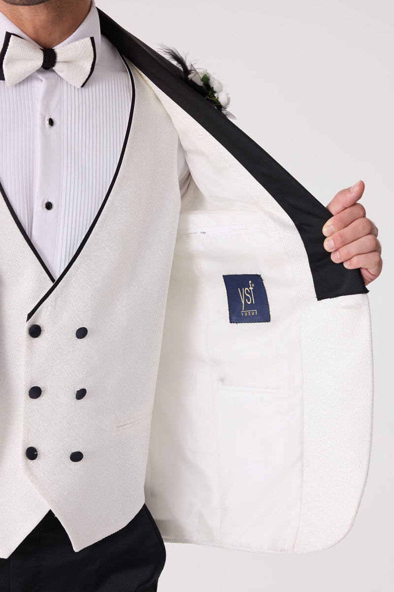 Erkek Beyaz Damatlık Slim Fit Kırlangıç Yaka Desenli - 9