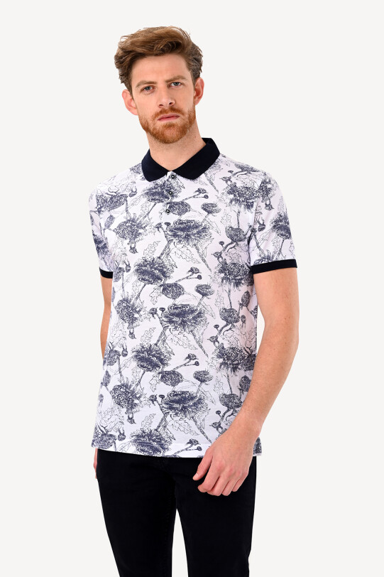 Erkek Beyaz Desenli Regular Fit Polo Yaka Tshirt