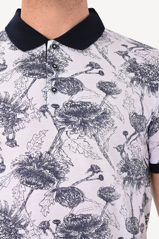 Erkek Beyaz Desenli Regular Fit Polo Yaka Tshirt
