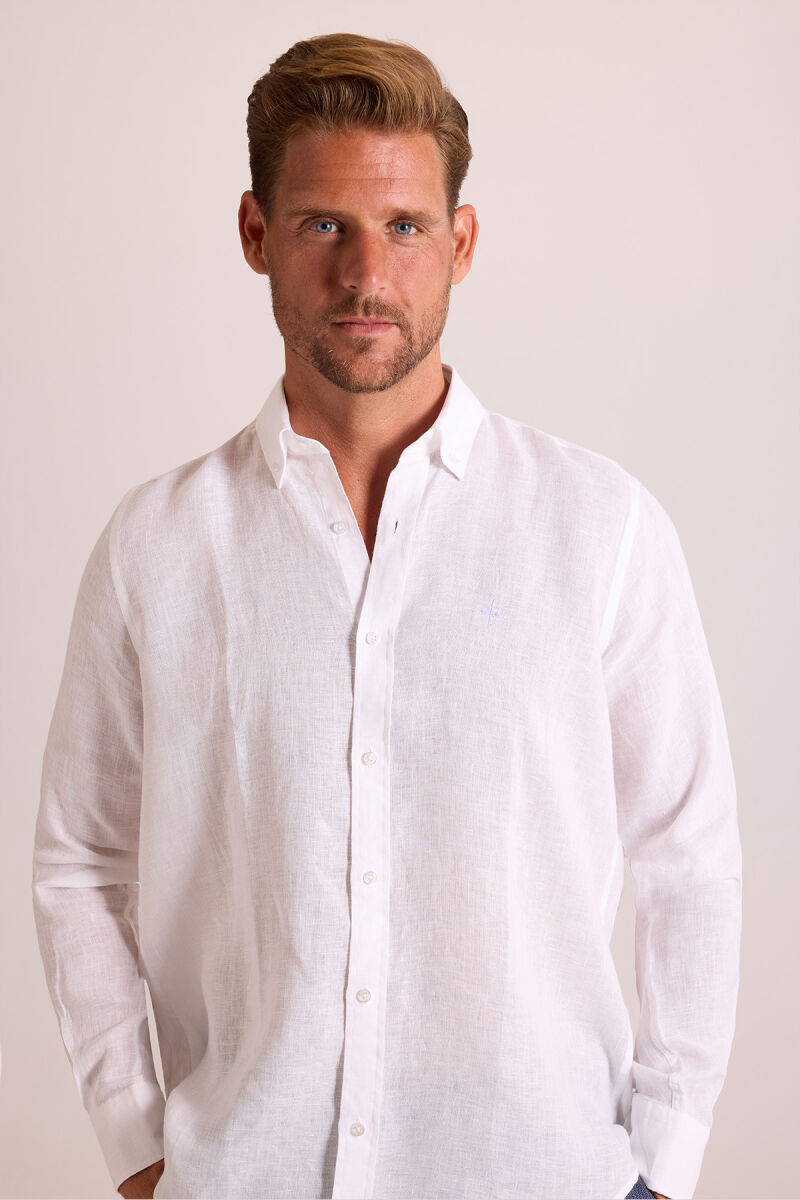 Erkek Beyaz Düz Regular Fit Keten Gömlek - 2