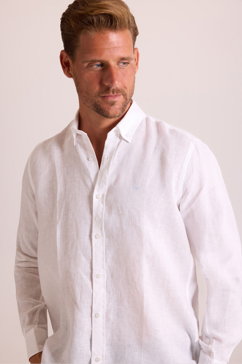 Erkek Beyaz Düz Regular Fit Keten Gömlek - 4