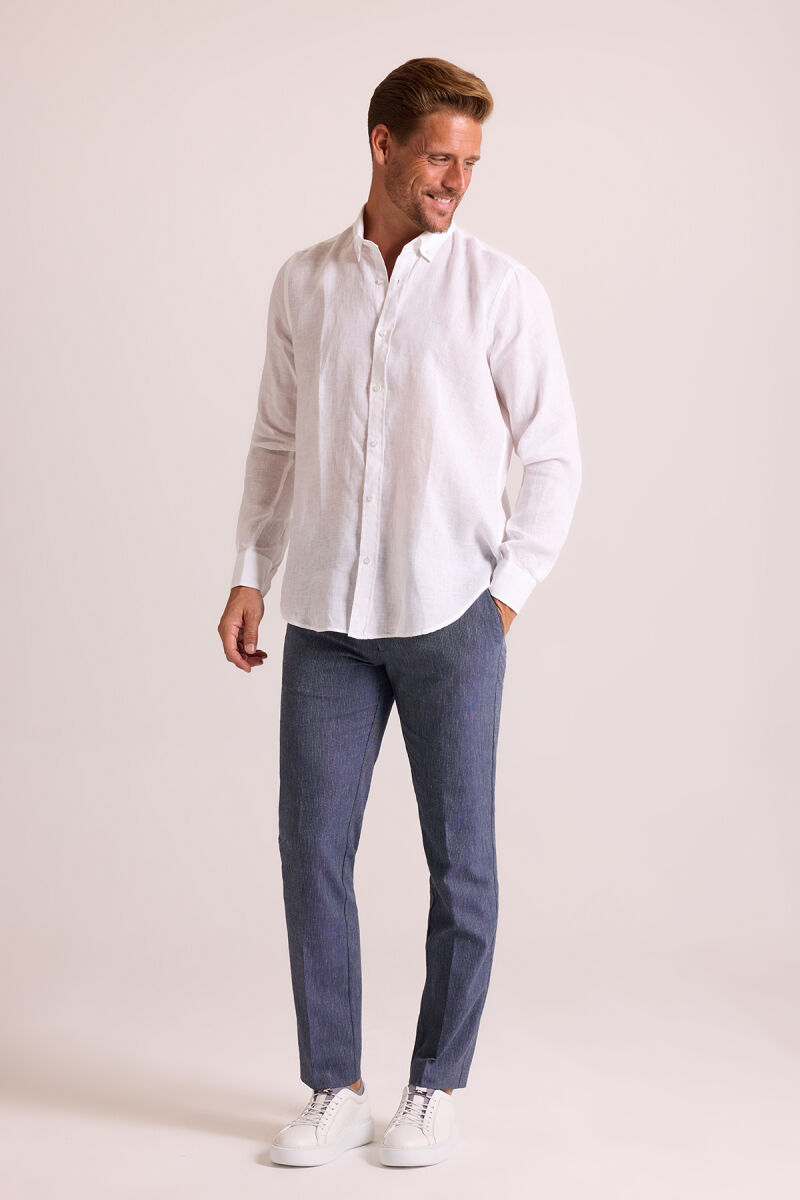 Erkek Beyaz Düz Regular Fit Keten Gömlek - 6