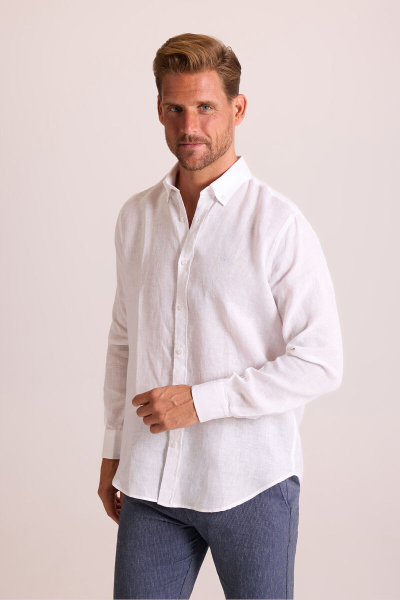 Erkek Beyaz Düz Regular Fit Keten Gömlek - 1