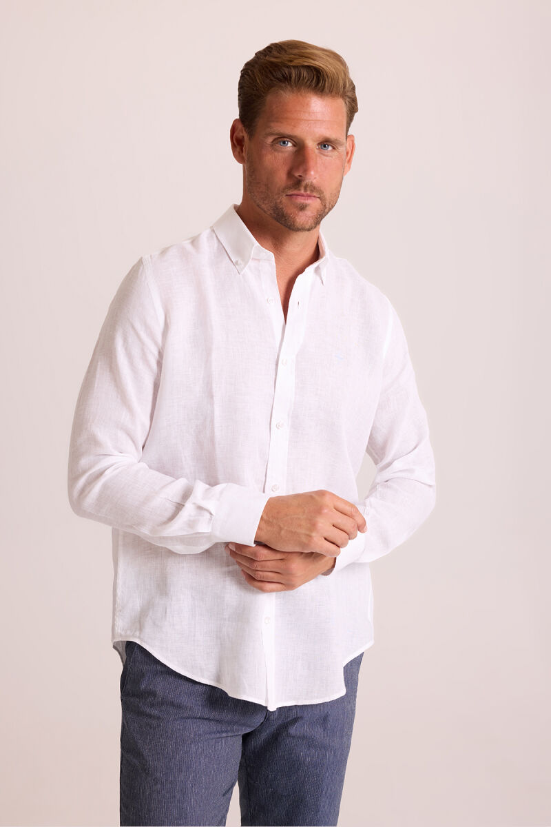 Erkek Beyaz Düz Regular Fit Keten Gömlek - 3