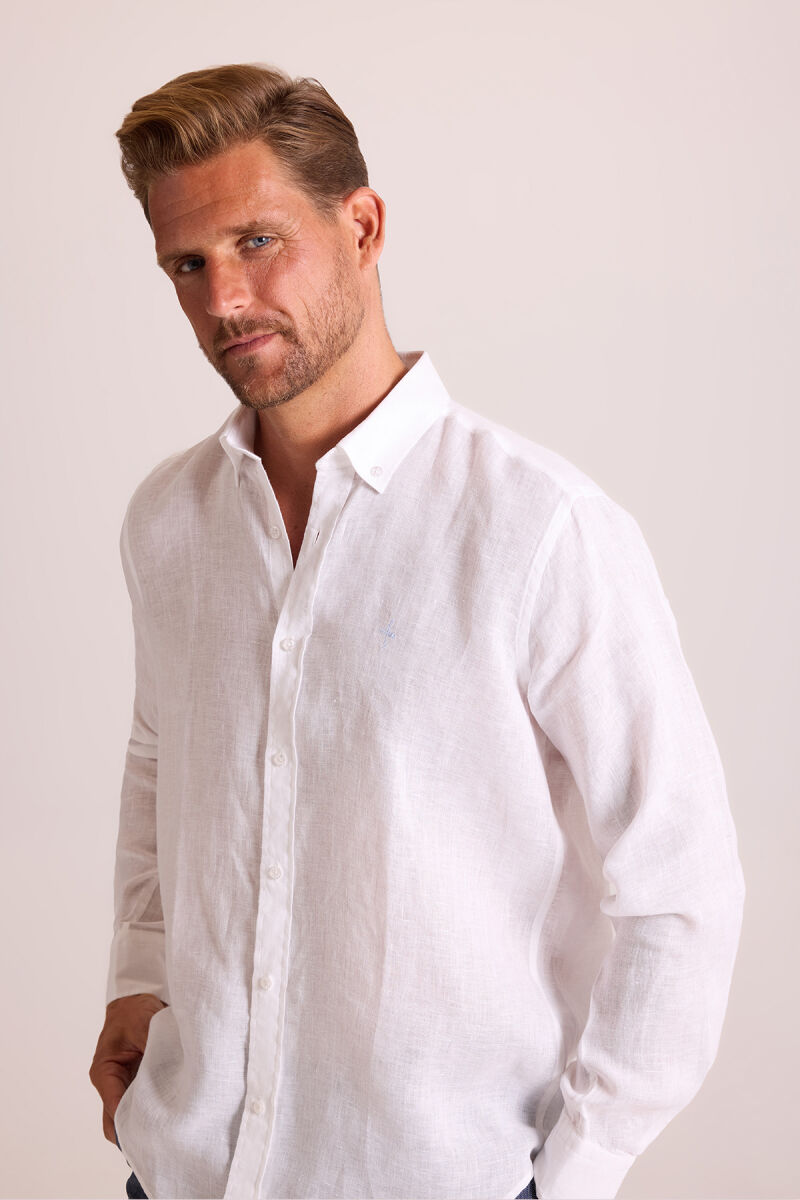 Erkek Beyaz Düz Regular Fit Keten Gömlek - 5