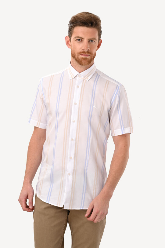 Erkek Beyaz Kısa Kol Çizgili Slim Fit Gömlek