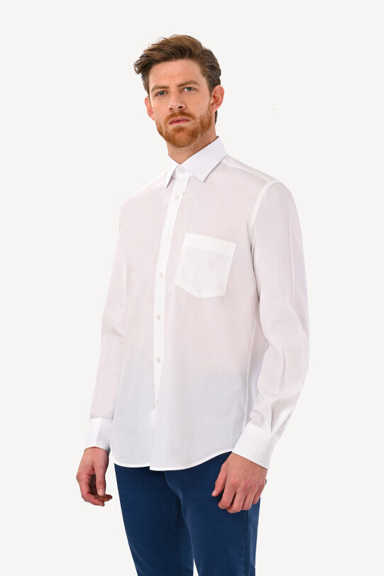 Erkek Beyaz Klasik Saten Uzun Kol Gömlek