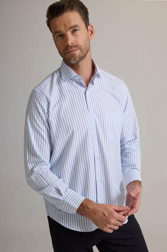 Erkek Beyaz Mavi Regular Fit Çizgili Pamuklu Gömlek