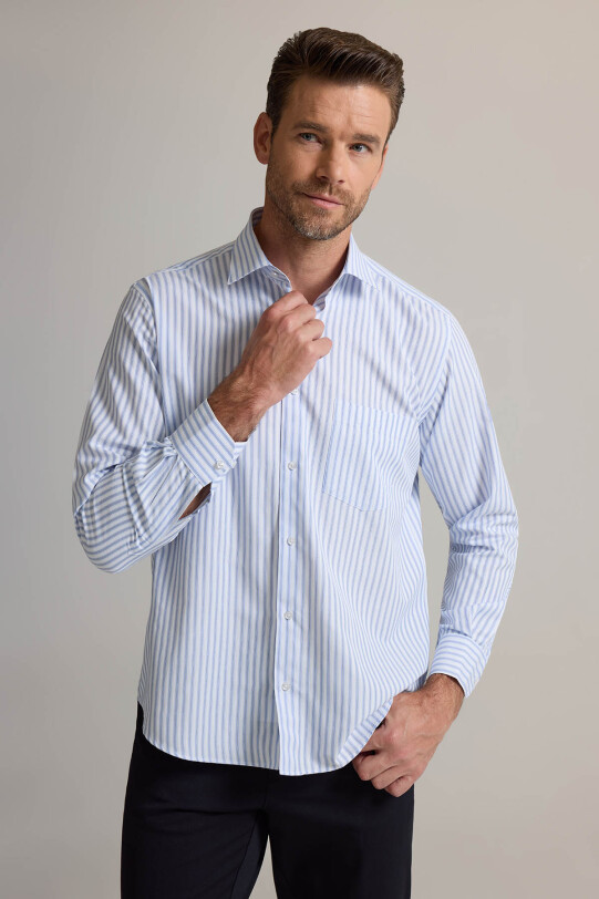 Erkek Beyaz Mavi Regular Fit Çizgili Pamuklu Gömlek