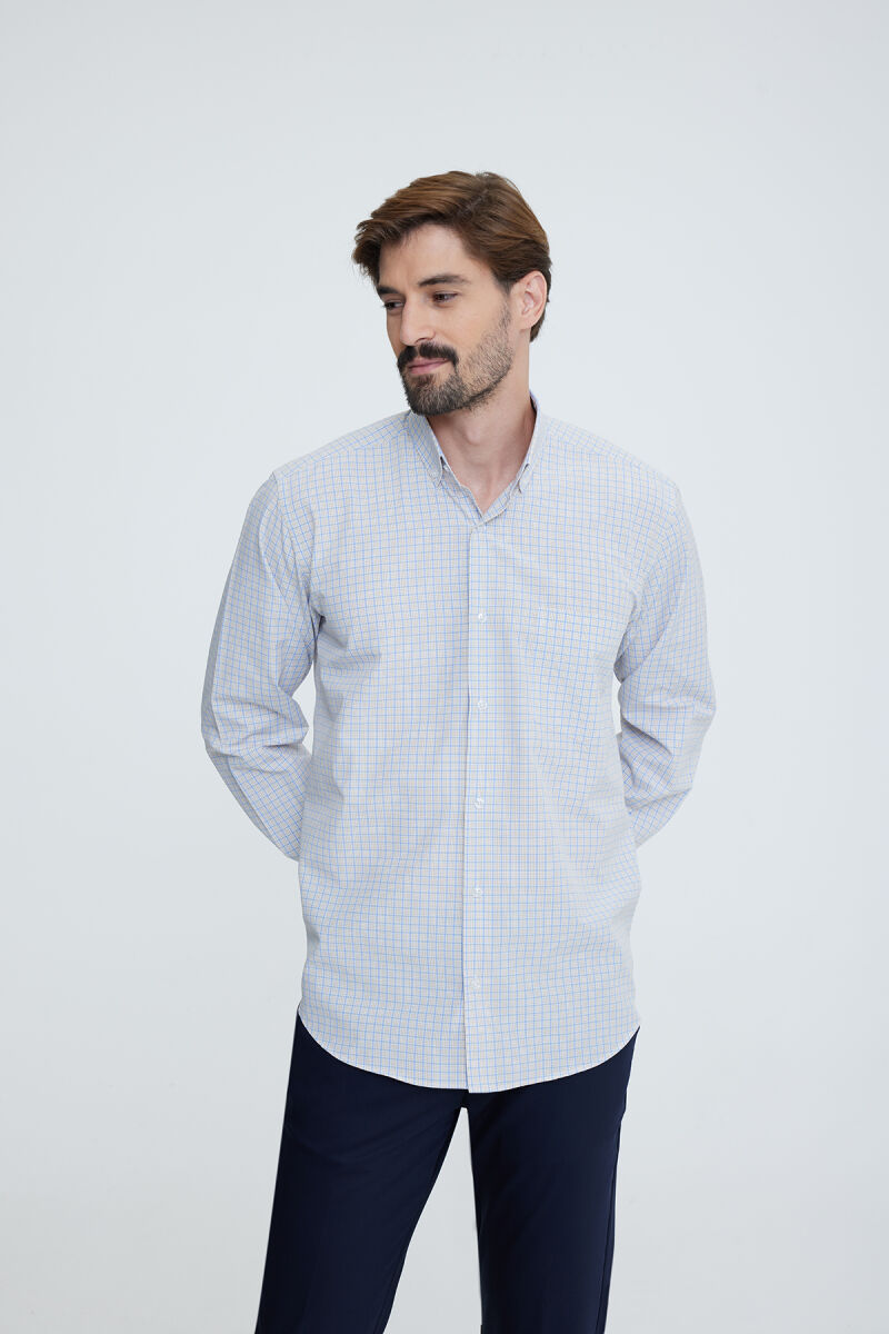 Erkek Beyaz Mavi Uzun Kol Regular Fit Yaka Düğmeli Gömlek - 2