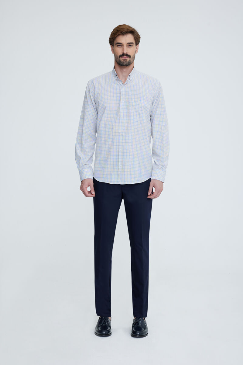 Erkek Beyaz Mavi Uzun Kol Regular Fit Yaka Düğmeli Gömlek - 4