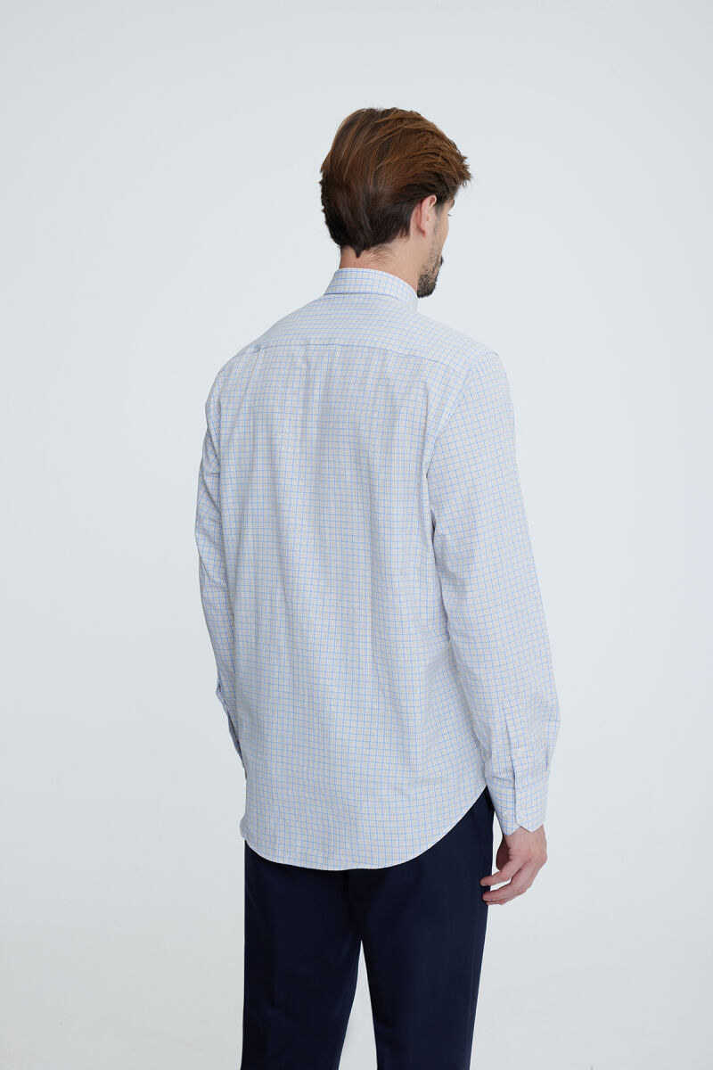 Erkek Beyaz Mavi Uzun Kol Regular Fit Yaka Düğmeli Gömlek - 5