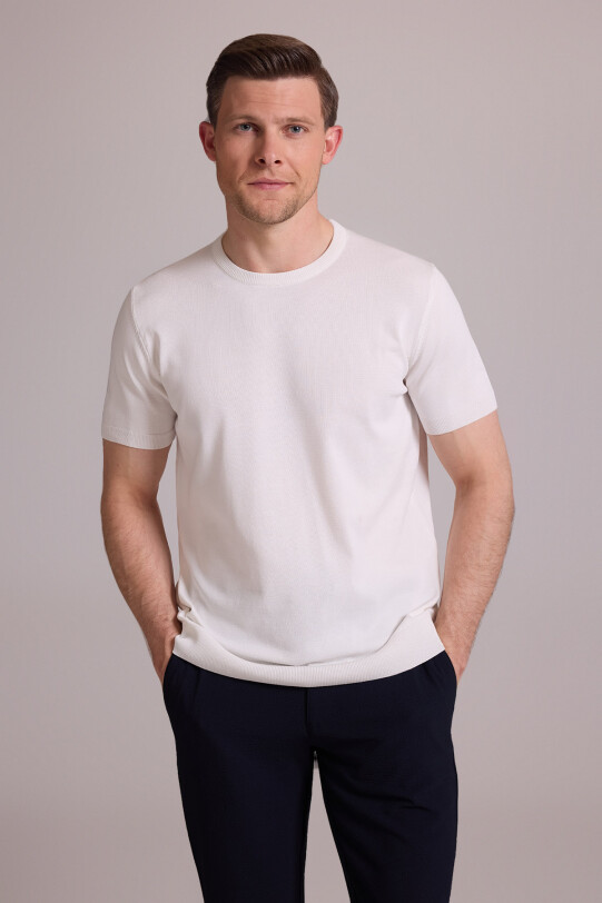 Erkek Beyaz Regular Fit Bisiklet Yaka Triko Tişört