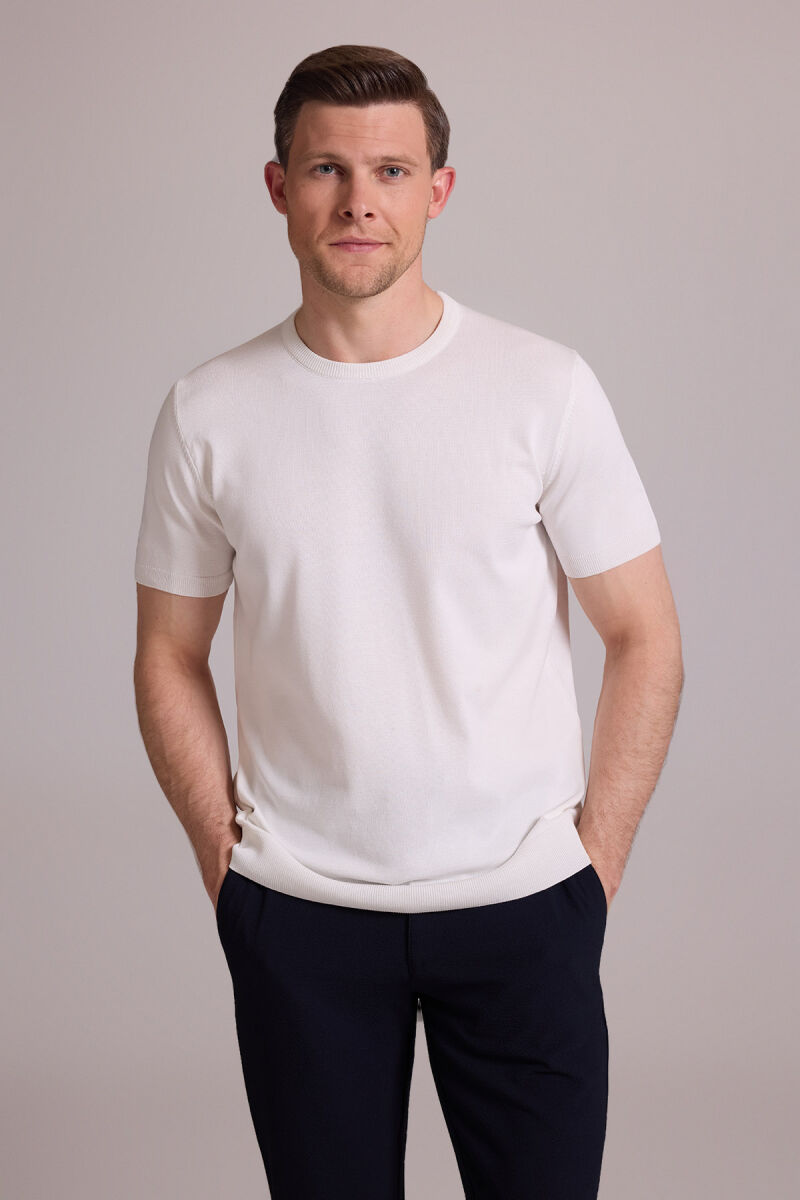 Erkek Beyaz Regular Fit Bisiklet Yaka Triko Tişört - 1