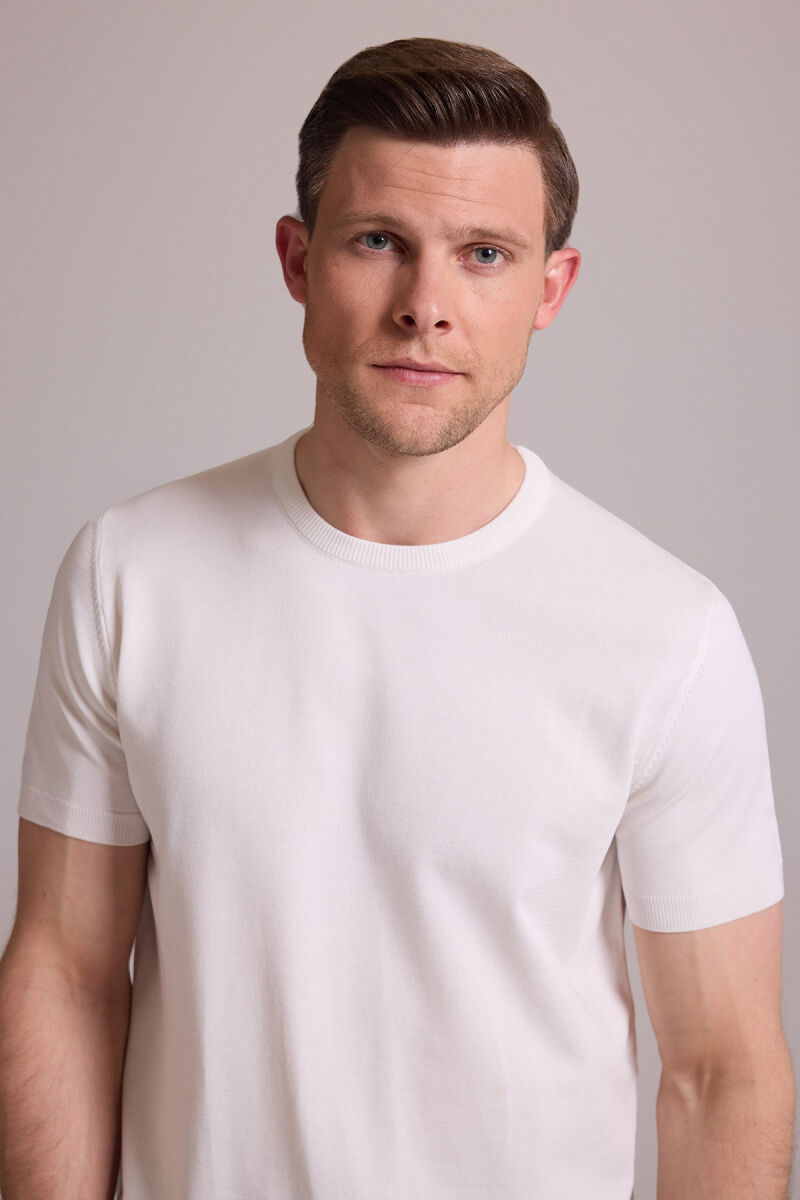 Erkek Beyaz Regular Fit Bisiklet Yaka Triko Tişört - 2