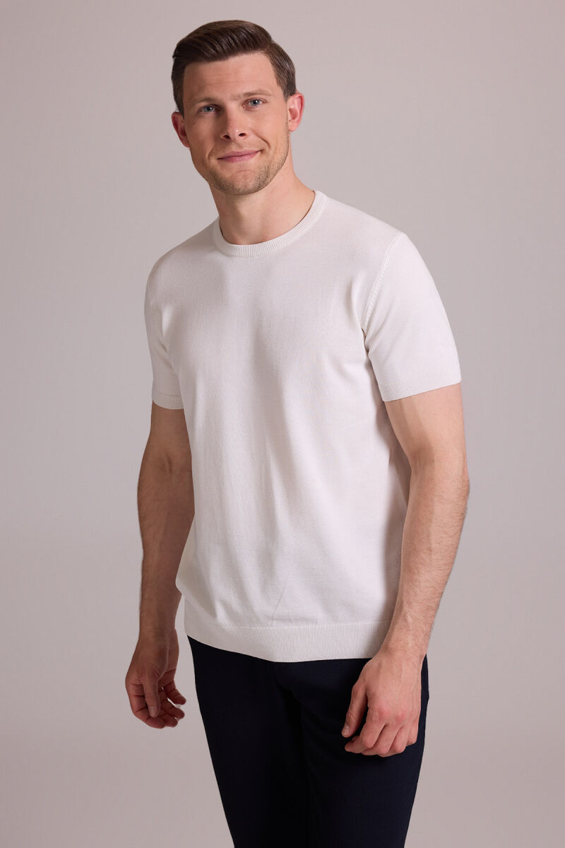 Erkek Beyaz Regular Fit Bisiklet Yaka Triko Tişört - 4