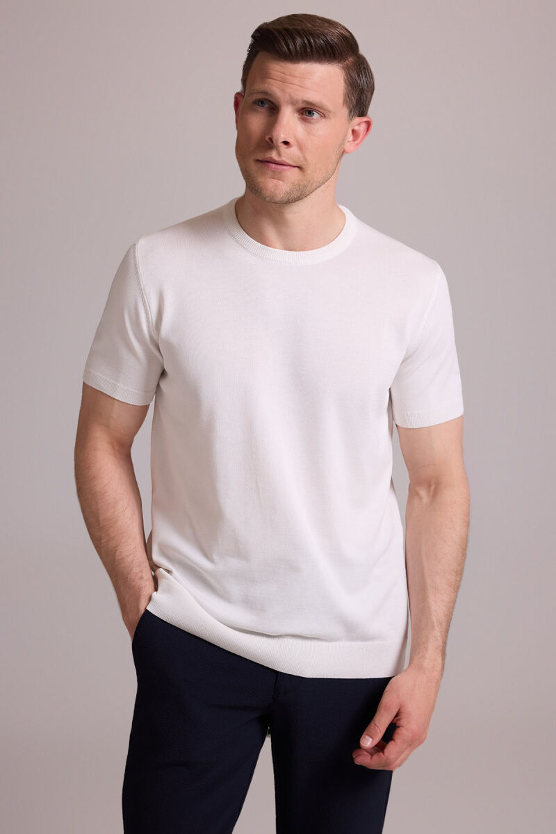 Erkek Beyaz Regular Fit Bisiklet Yaka Triko Tişört - 5