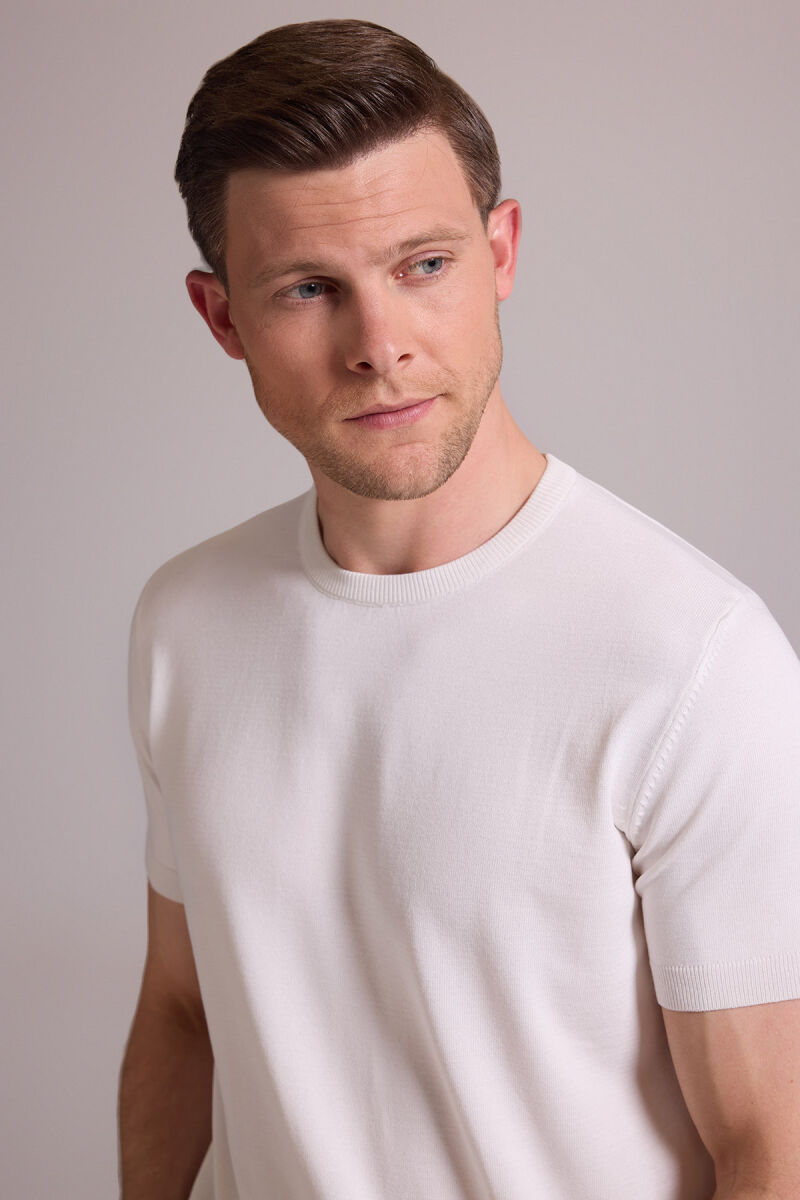 Erkek Beyaz Regular Fit Bisiklet Yaka Triko Tişört - 6