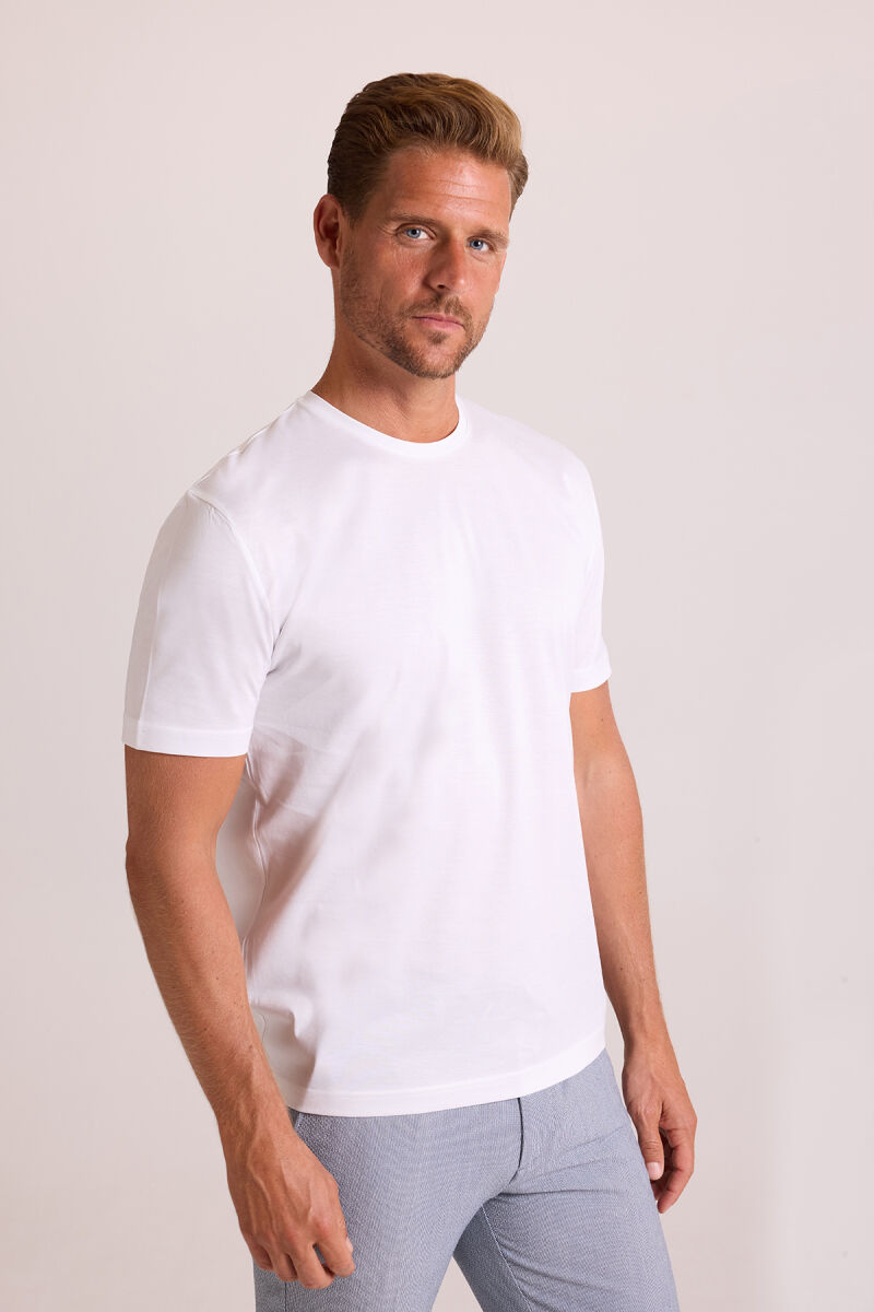 Erkek Beyaz Regular Fit Merserize Pamuk T-Shirt - 2