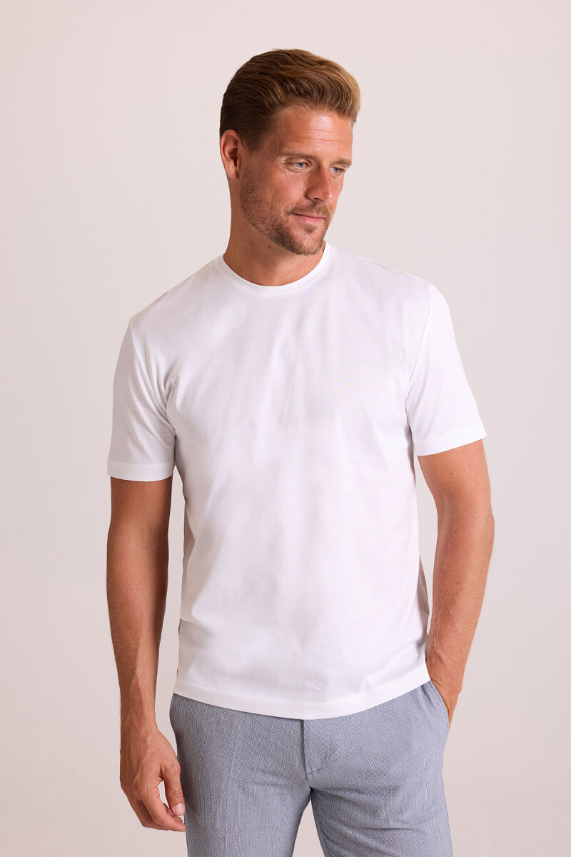 Erkek Beyaz Regular Fit Merserize Pamuk T-Shirt - 5